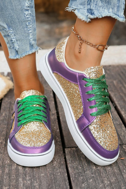 Tillandsia Purple Dearlove Glitter Star Patchwork PU Leather Lace-up Sneakers - Snoopy's Closet