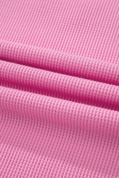 Pink Solid Color Raw Seam Waffled Patchwork Casual T Shirt