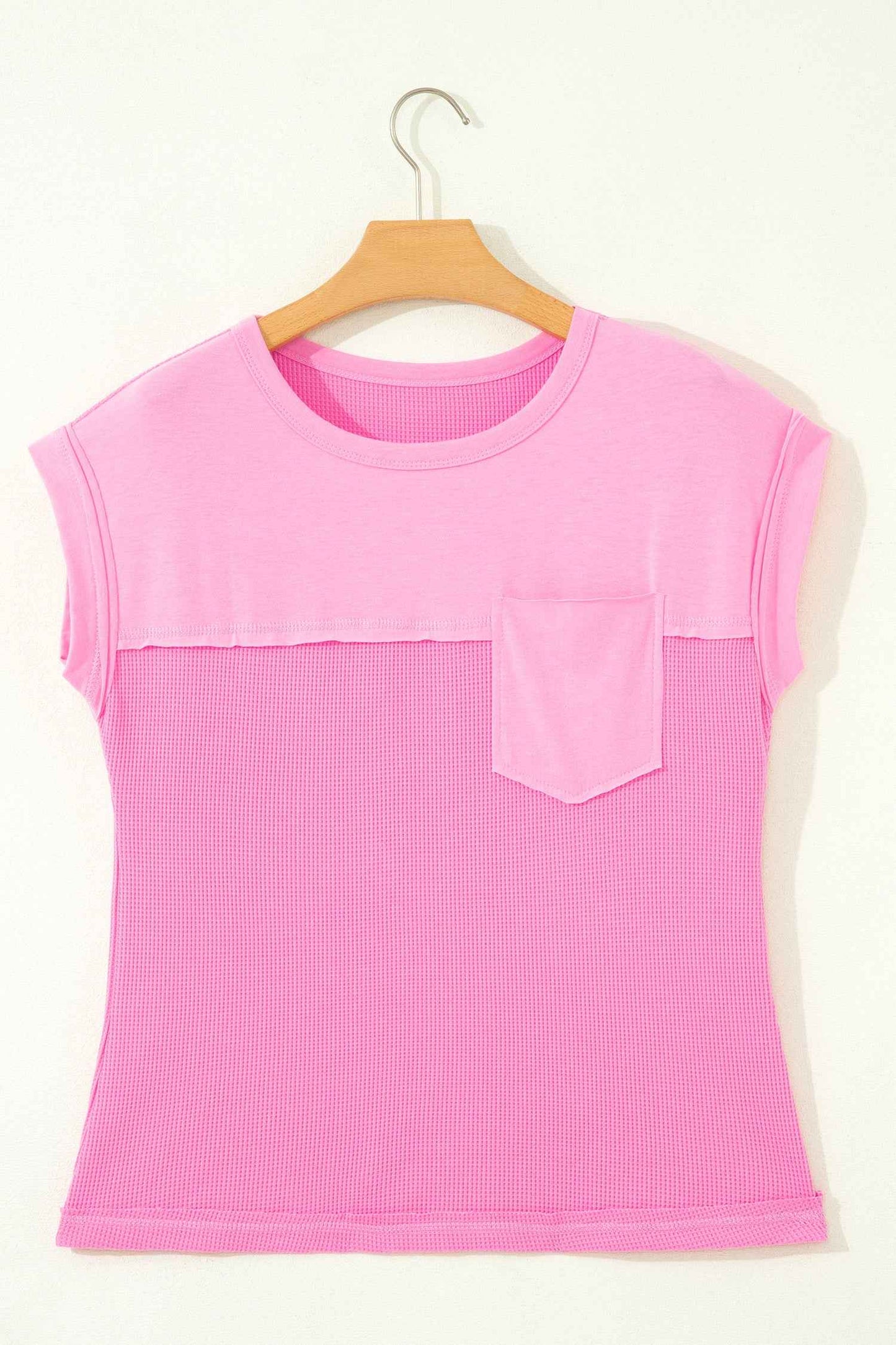 Pink Solid Color Raw Seam Waffled Patchwork Casual T Shirt
