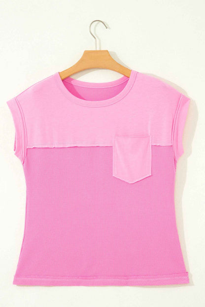 Pink Solid Color Raw Seam Waffled Patchwork Casual T Shirt