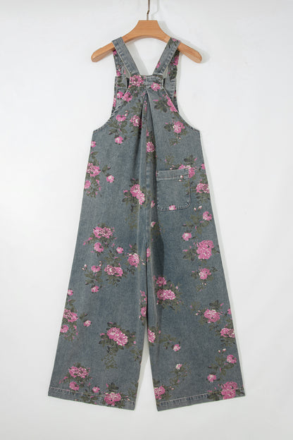 Mono vaquero de pierna ancha plisado de talle alto con estampado floral gris Beau