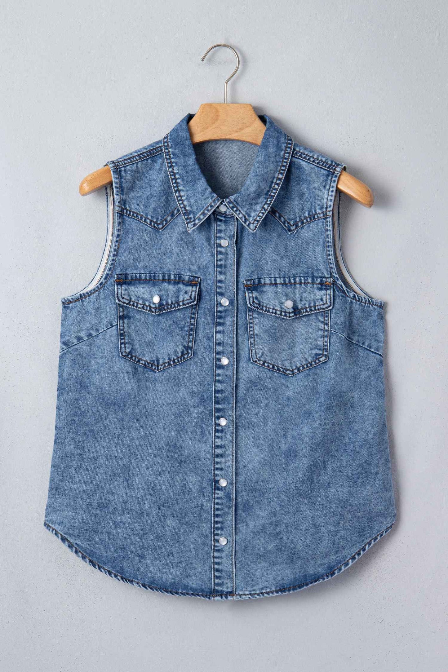 Dusk Blue Buttoned Front Collared Sleeveless Denim Vest