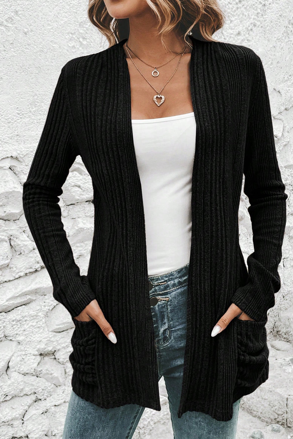 Black Ribbed Open Front Knitted Top with Pockets - Snoopy's Closet