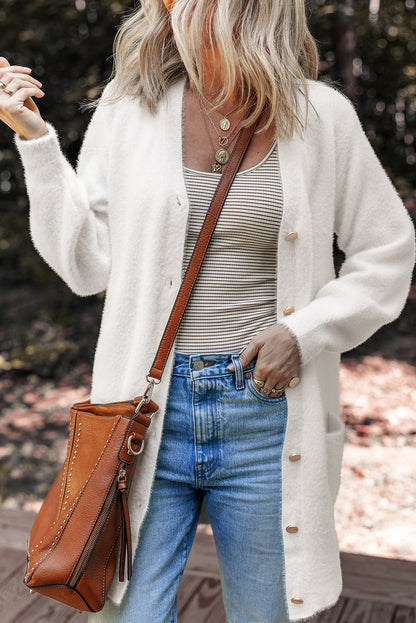 White Fuzzy Buttoned Front Midi Solid Cardigan - Snoopy's Closet