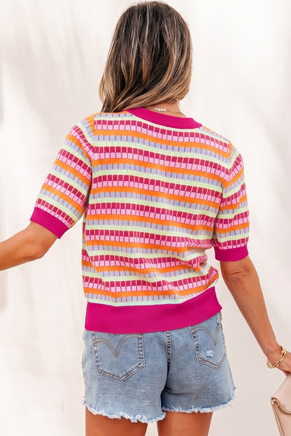 Orange Abstract Striped Knit Short Sleeve Sweater - Snoopy's Closet
