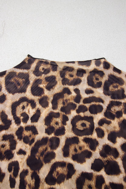 Camel Leopard Print Slim Fit Mesh Long Sleeve Mock Neck Top - Snoopy's Closet