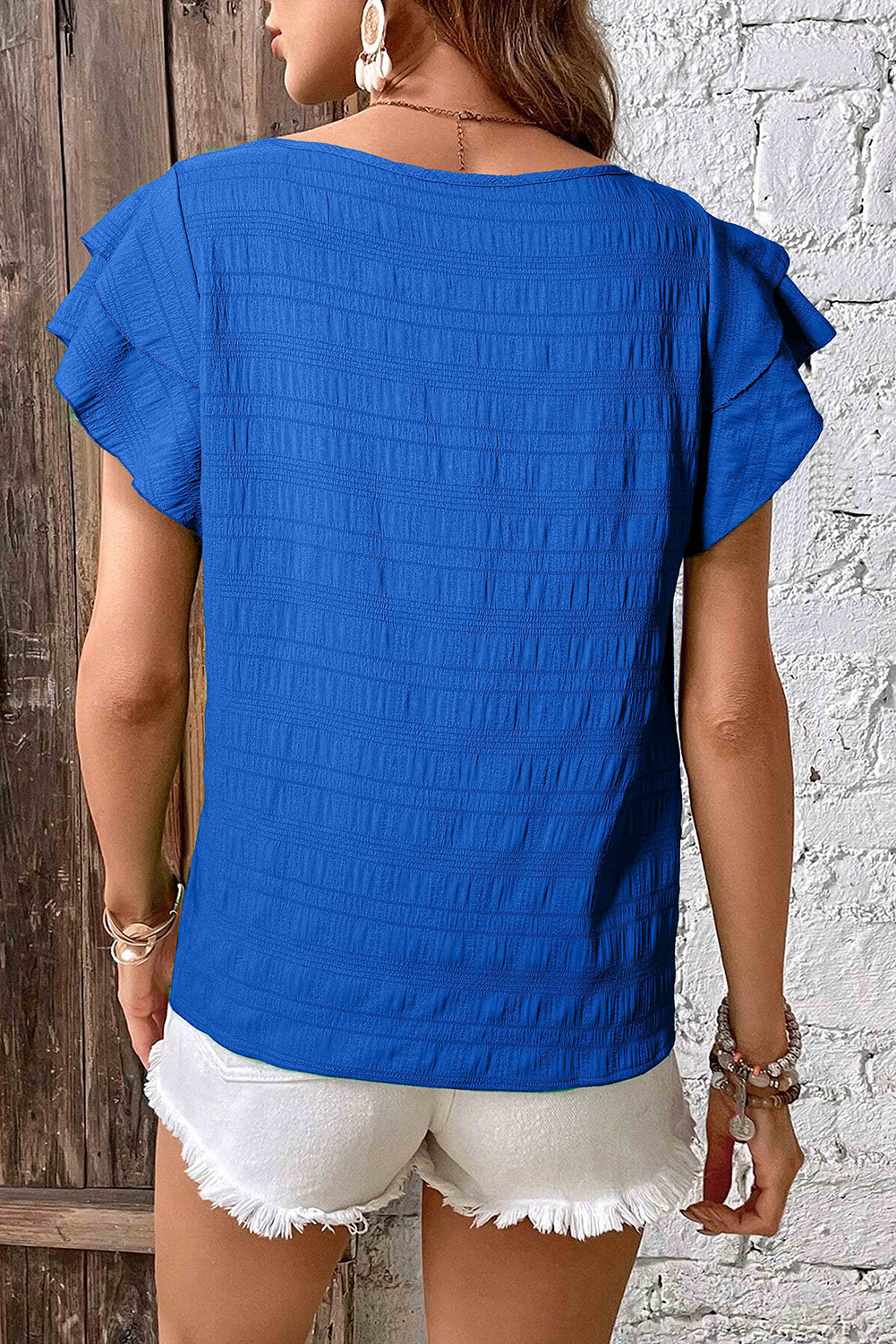 Dark Green Textured Ruffled Sleeve Round Neck Top - Snoopy's Closet