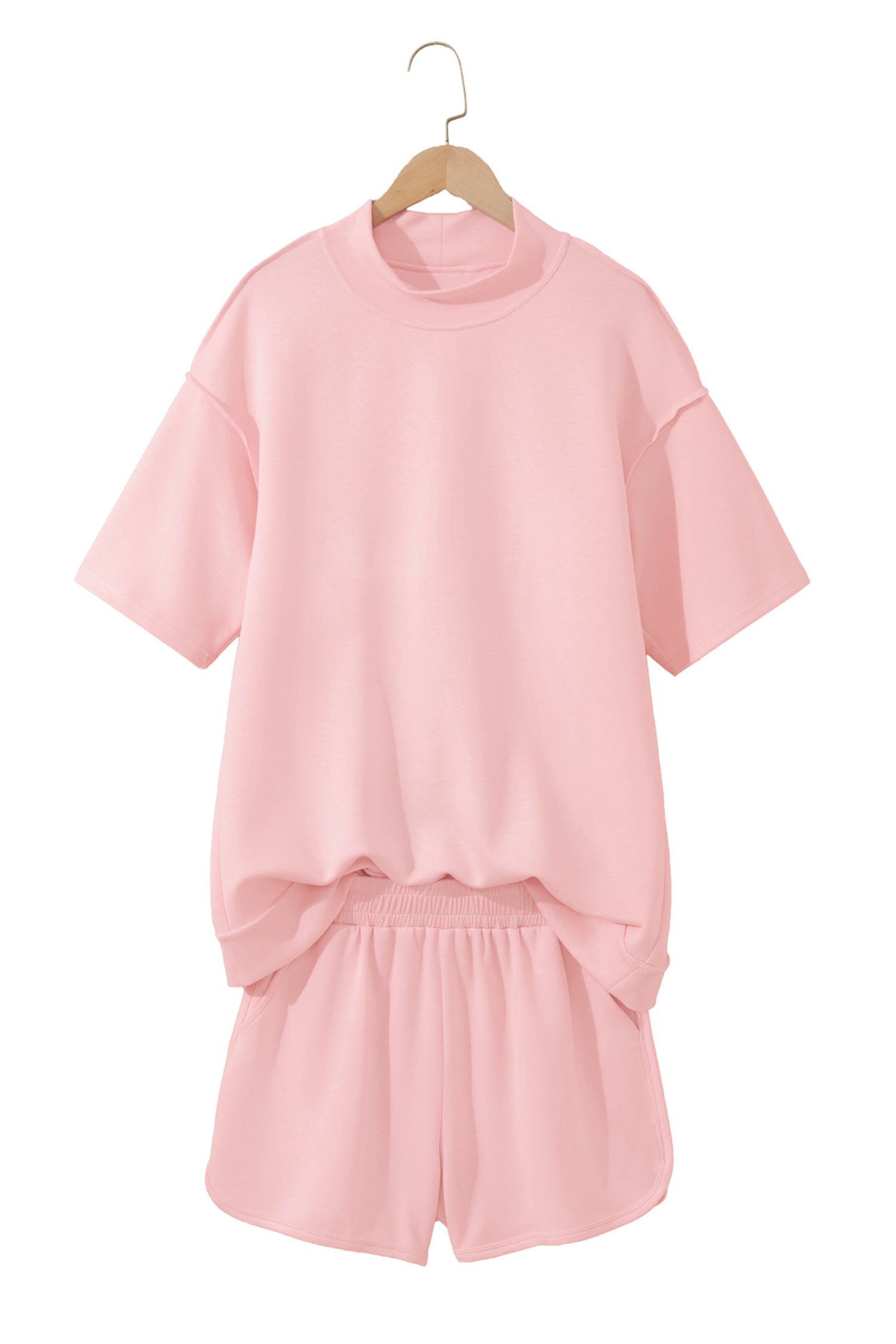 Moonlight Jade Solid Color Exposed Seam Mock Neck Oversize Tee Casual Shorts 2pcs Outfit - Snoopy's Closet