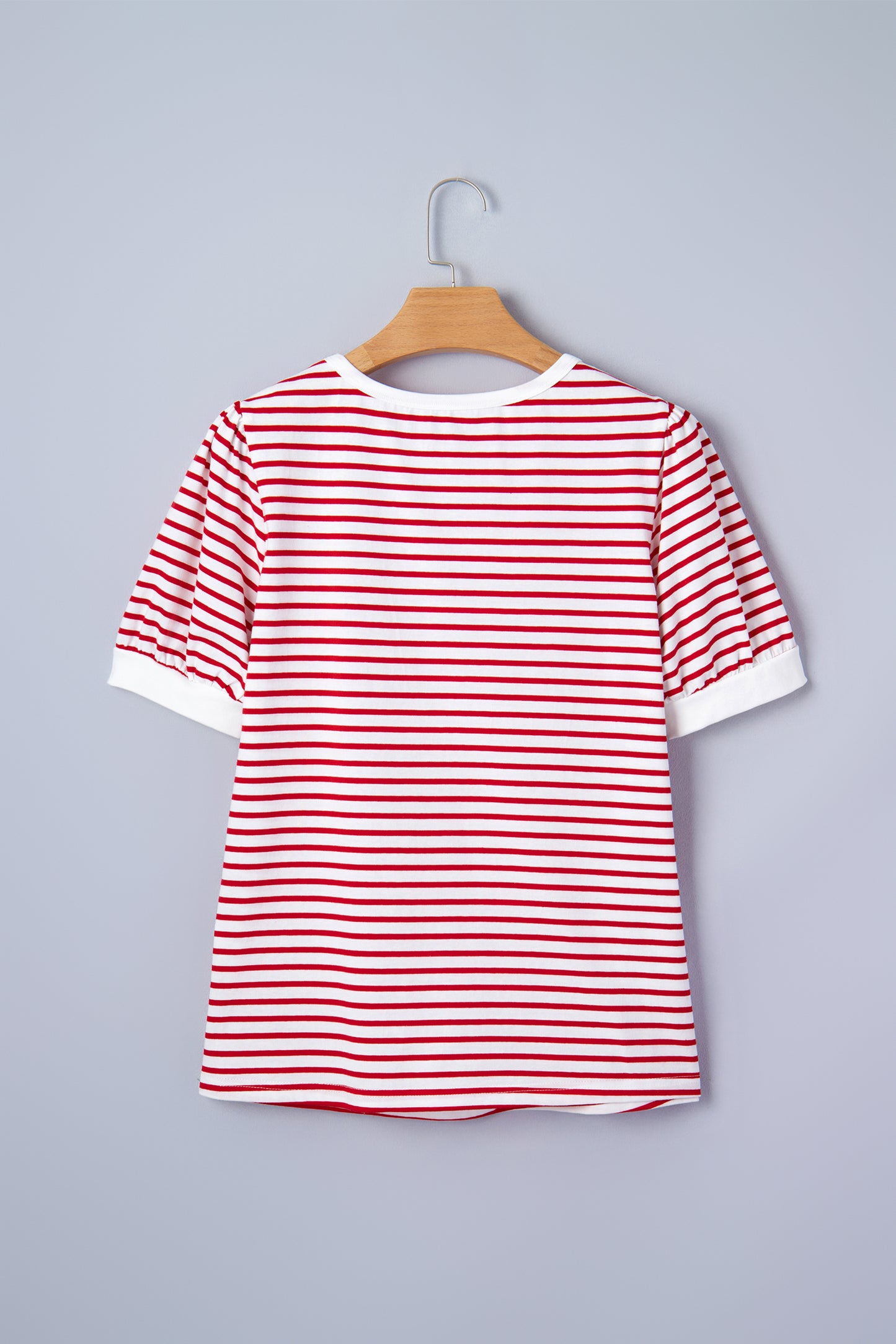 Red Stripe Contrast Trim Round Neck Short Puff Sleeve T Shirt - Snoopy's Closet
