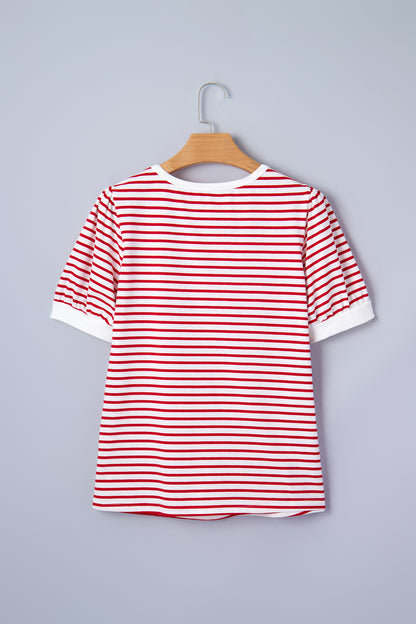 Red Stripe Contrast Trim Round Neck Short Puff Sleeve T Shirt - Snoopy's Closet
