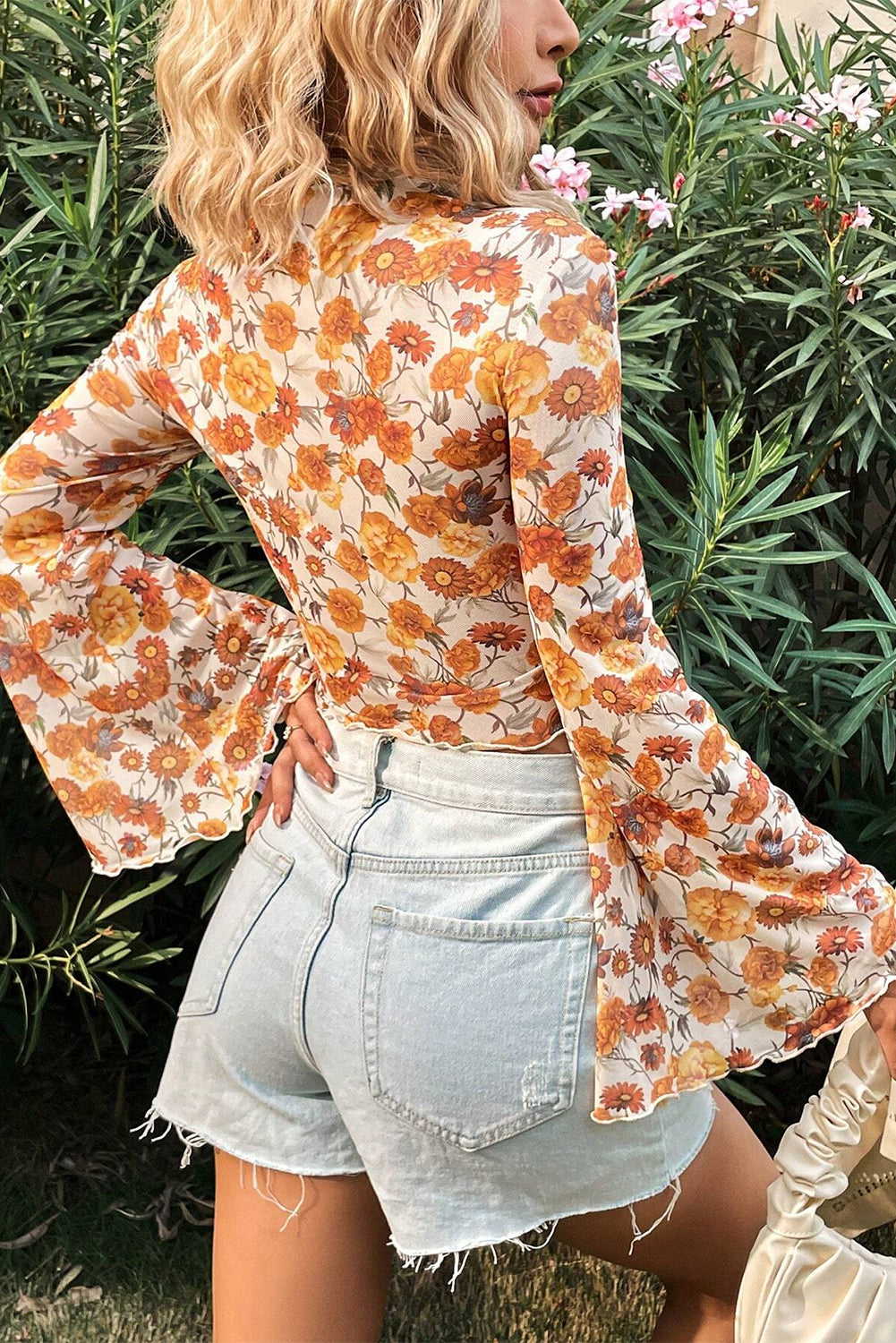 Orange Floral Printed Bell Sleeve Mock Neck Scallop Trim Blouse - Snoopy's Closet