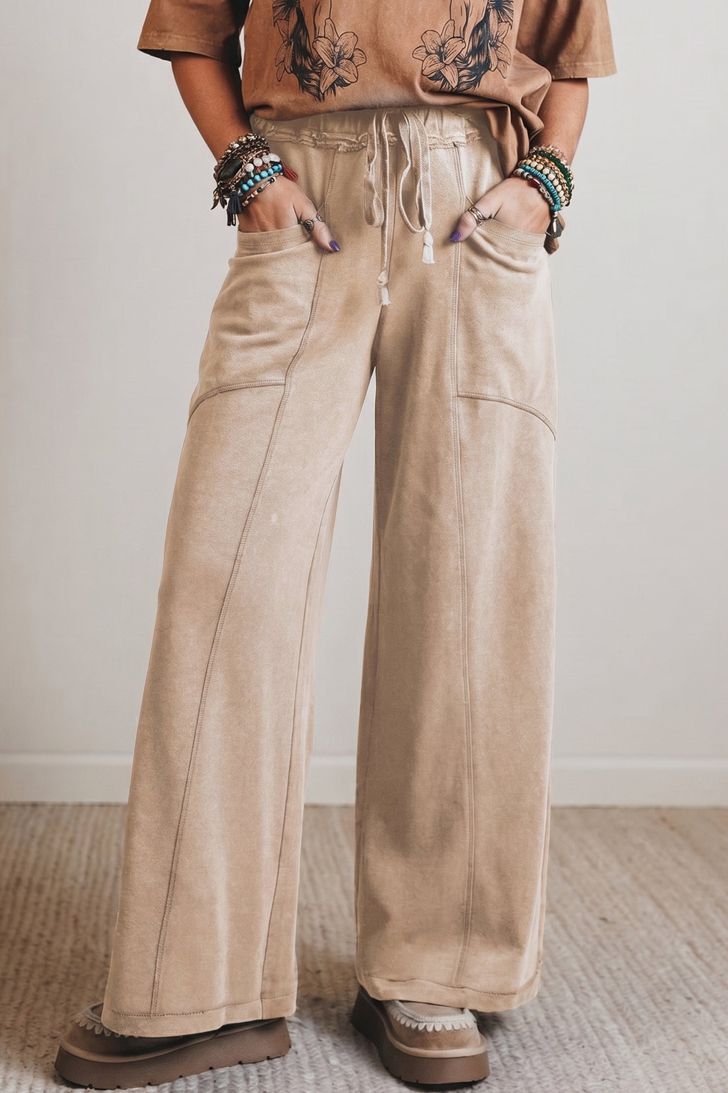 Pantalones Retro Western de Cintura Alta y Pierna Ancha con Cordón y Lavado Mineral Gris Humo