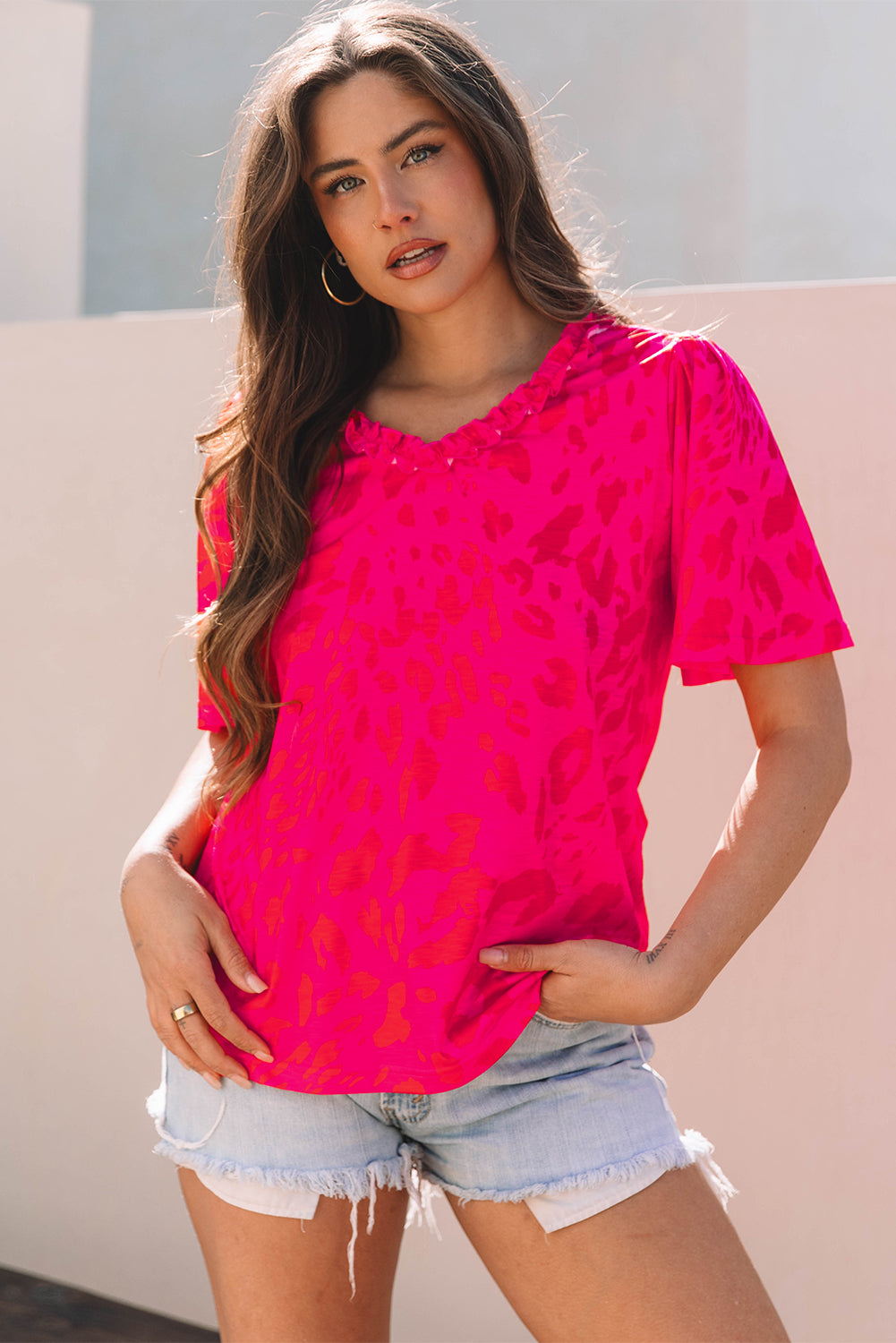 Rose Leopard Frilly V Neck Short Sleeve Blouse - Snoopy's Closet