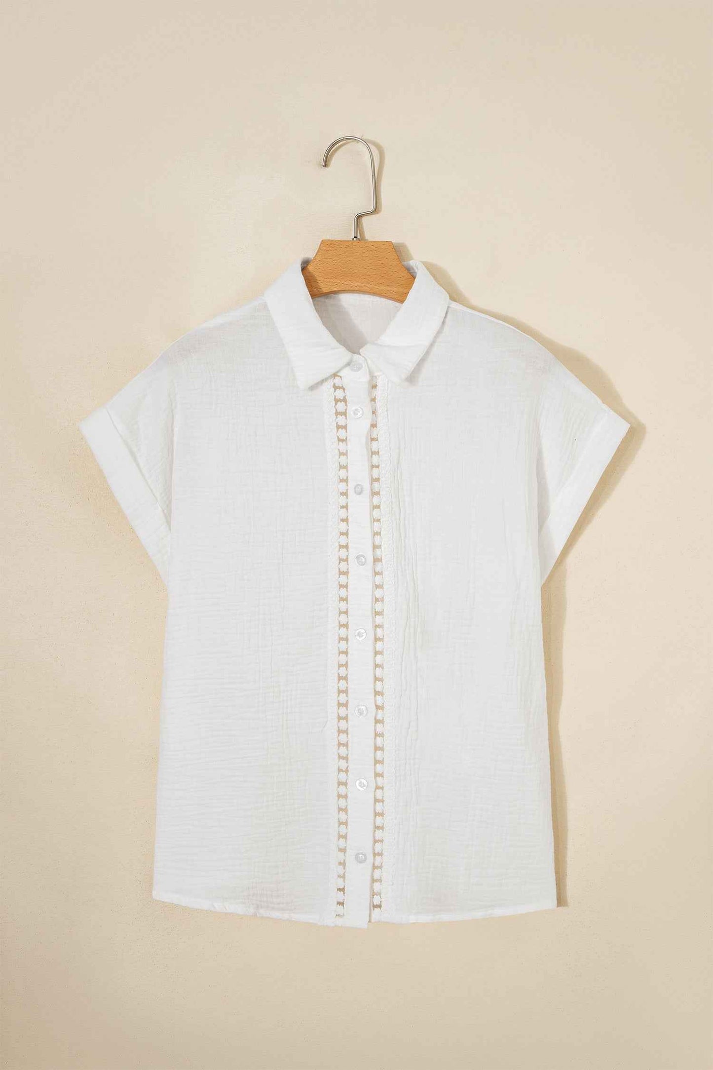 White Lace Trim Cuffed Short Sleeve Textured Shirt