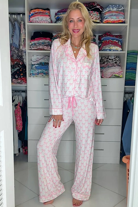 Pink Bow Print Long Sleeve Shirt and Pants Soft Pajama Set - Snoopy's Closet