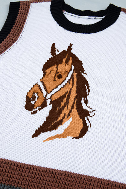 Chaleco de punto con bloques de color y cabeza de caballo del oeste blanco