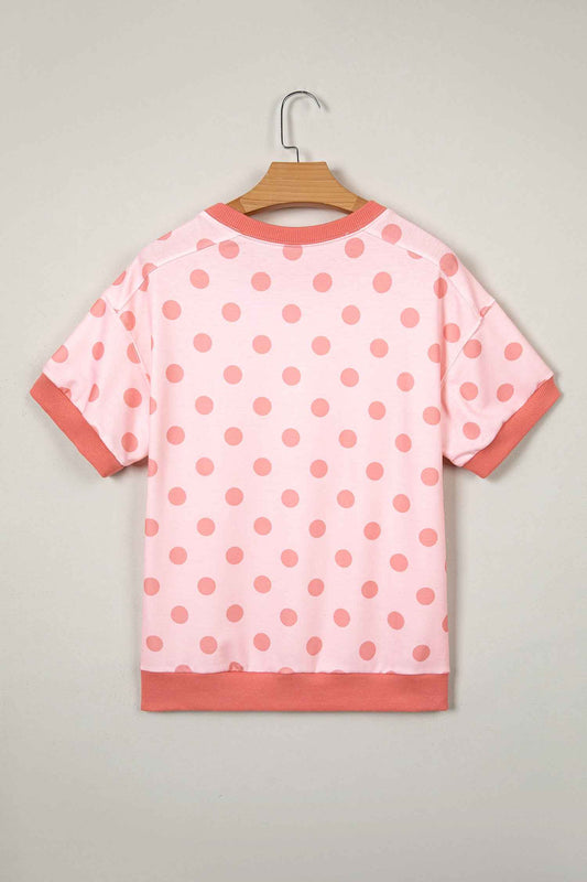 Pink Color Block Trim Polka Dot Casual Tee
