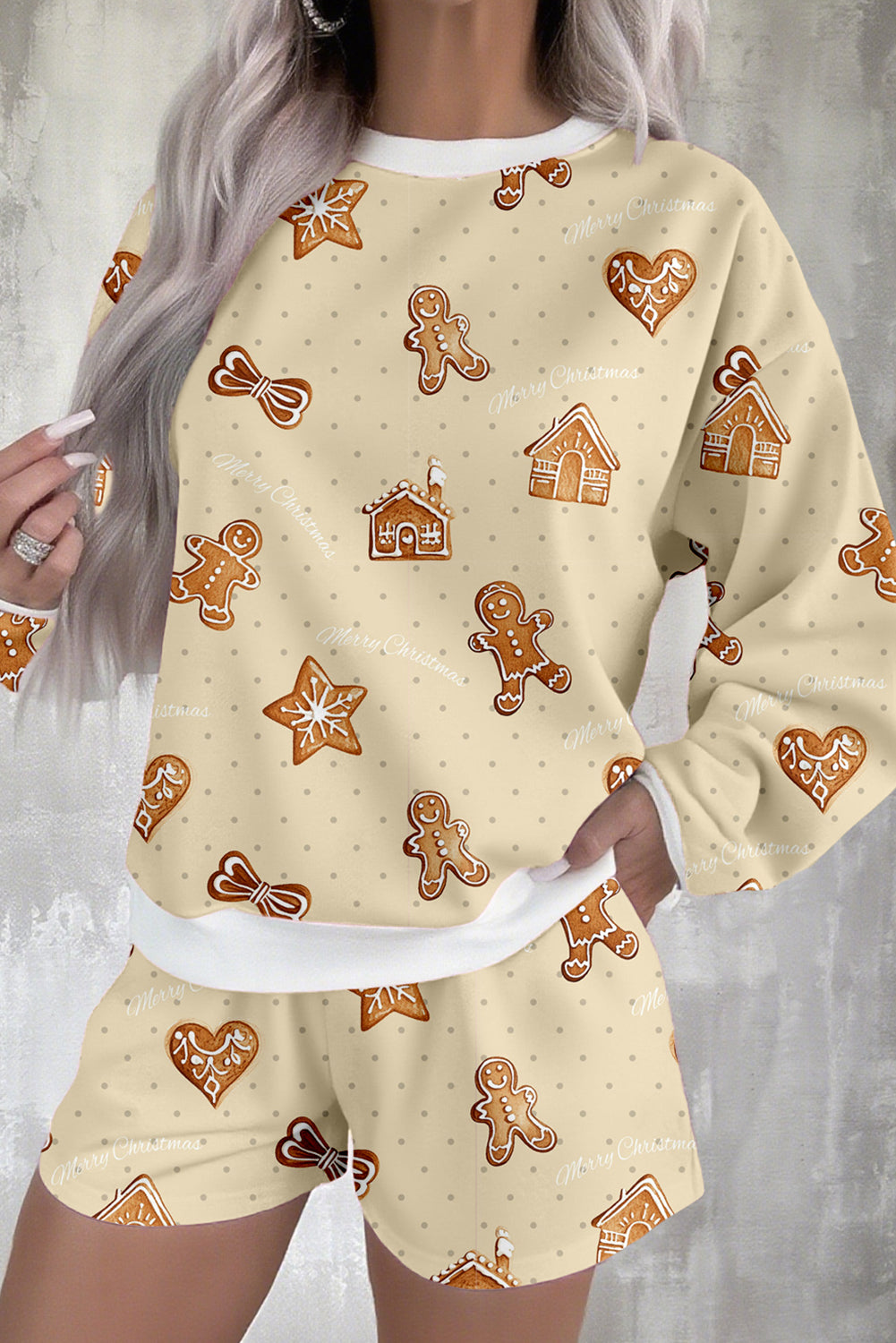 Beige Gingerbread Man Christmas Print Long Sleeve Pullover Lounge Short Set - Snoopy's Closet