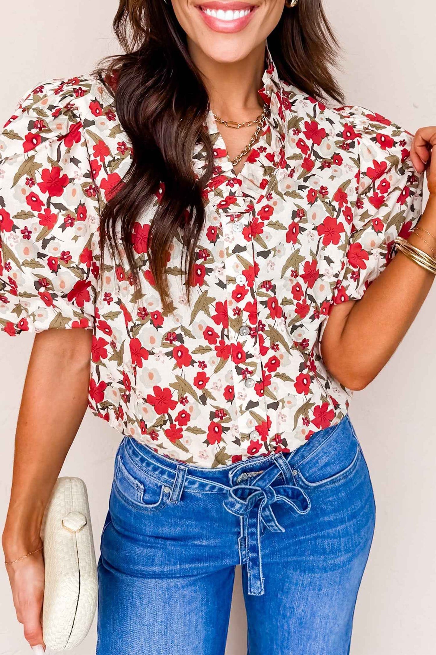 Red Floral Print Short Puff Sleeve Button Front Shirt