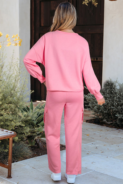 Solid Color Pullover Top and Cargo Pants Set - Snoopy's Closet