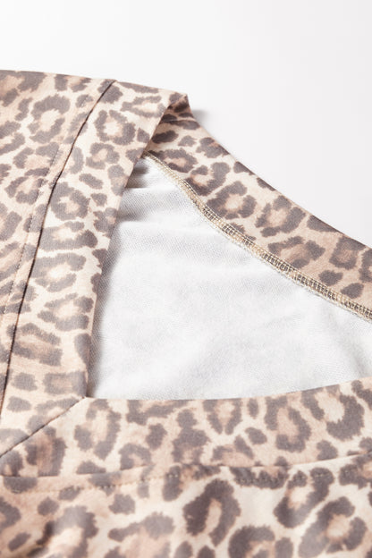 Light French Beige Leopard Print V Neck Pullover Mini Skirt 2pcs Set - Snoopy's Closet