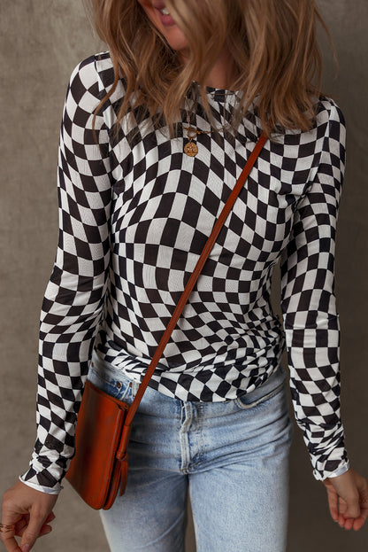 Black Checkered Pattern Mesh Mock Neck Long Sleeve Top - Snoopy's Closet