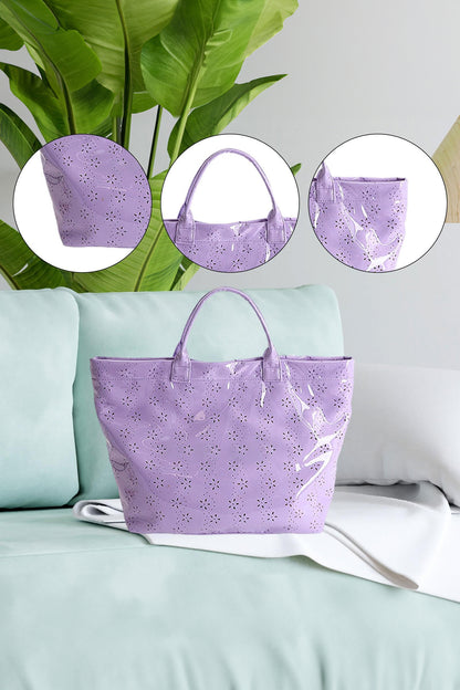 Bolso tote impermeable brillante de PVC con diseño de flores de orquídea con ojales