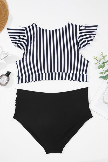 Traje de baño de 2 piezas de talla grande con estampado de rayas negras, nudo, abertura, manga con volantes y cintura alta