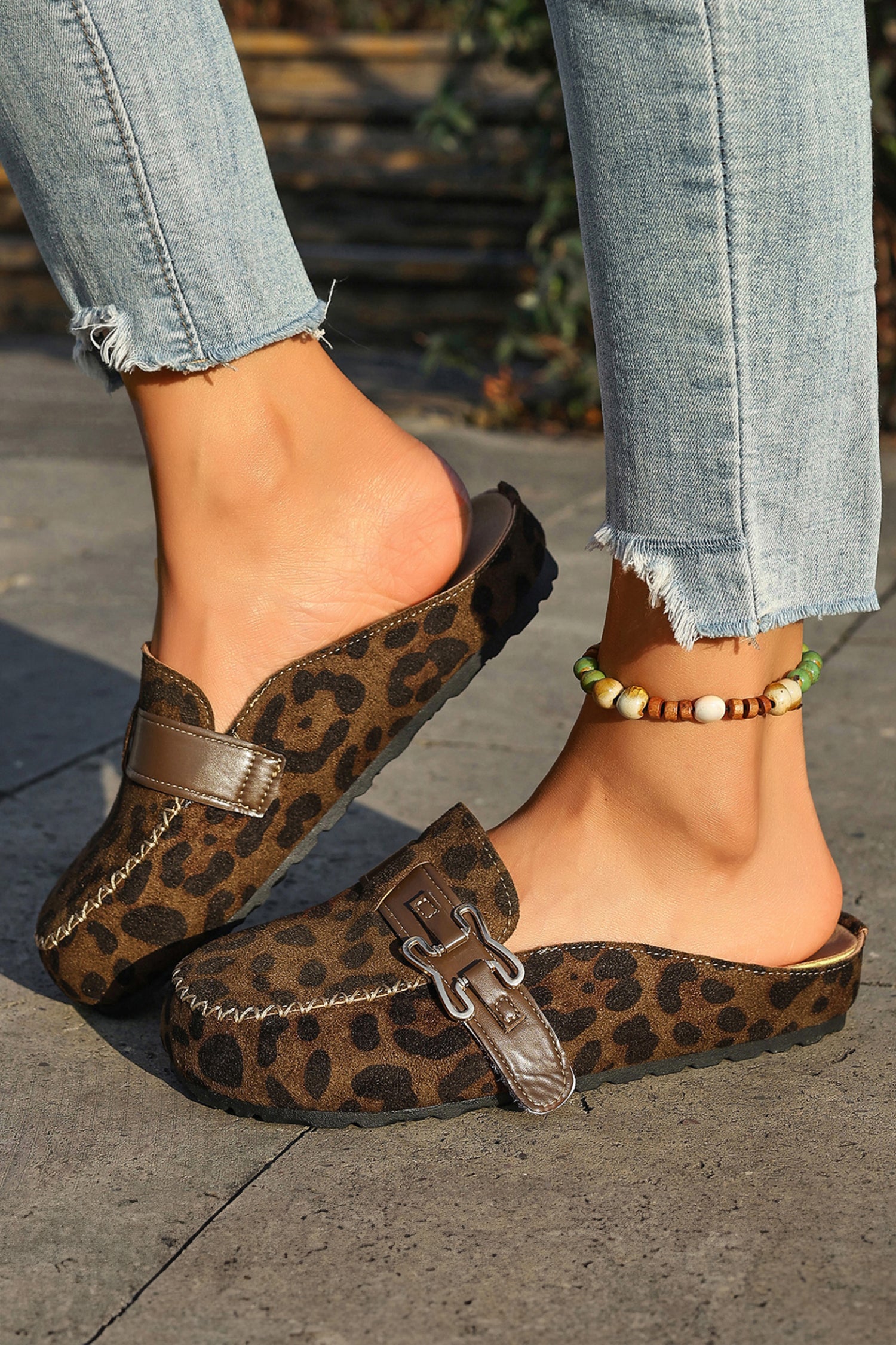 Coffee Faux Suede Cute Buckle PU Leather Strap Mule Slippers - Snoopy's Closet