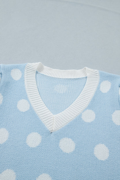 Light Blue Polka Dot Puff Short Sleeve Sweater Top