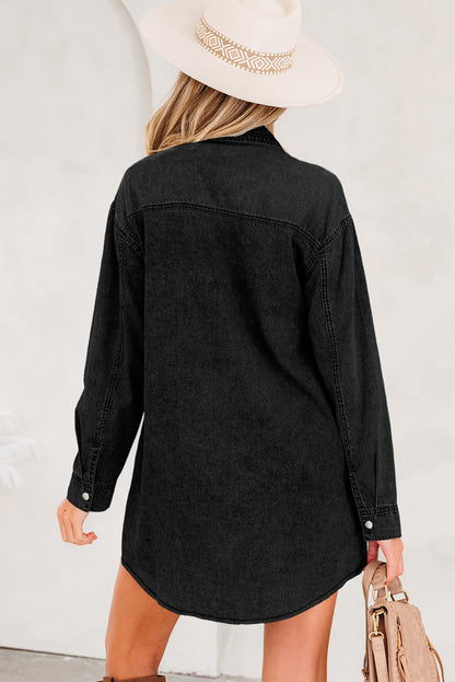 Blue Beau Chest Pocket Raw Hem Denim Loose Shirt Dress - Snoopy's Closet