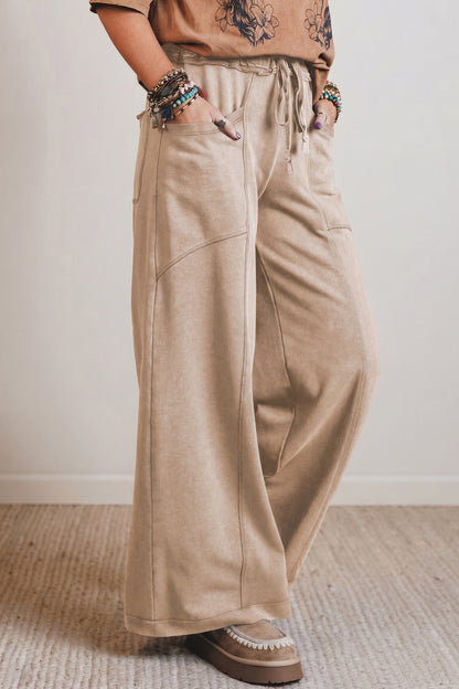 Pantalones Retro Western de Cintura Alta y Pierna Ancha con Cordón y Lavado Mineral Gris Humo