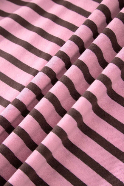 Rose Stripe Striped V-Neck Ribbed Collar Cuff Gathering Puff Sleeve Top