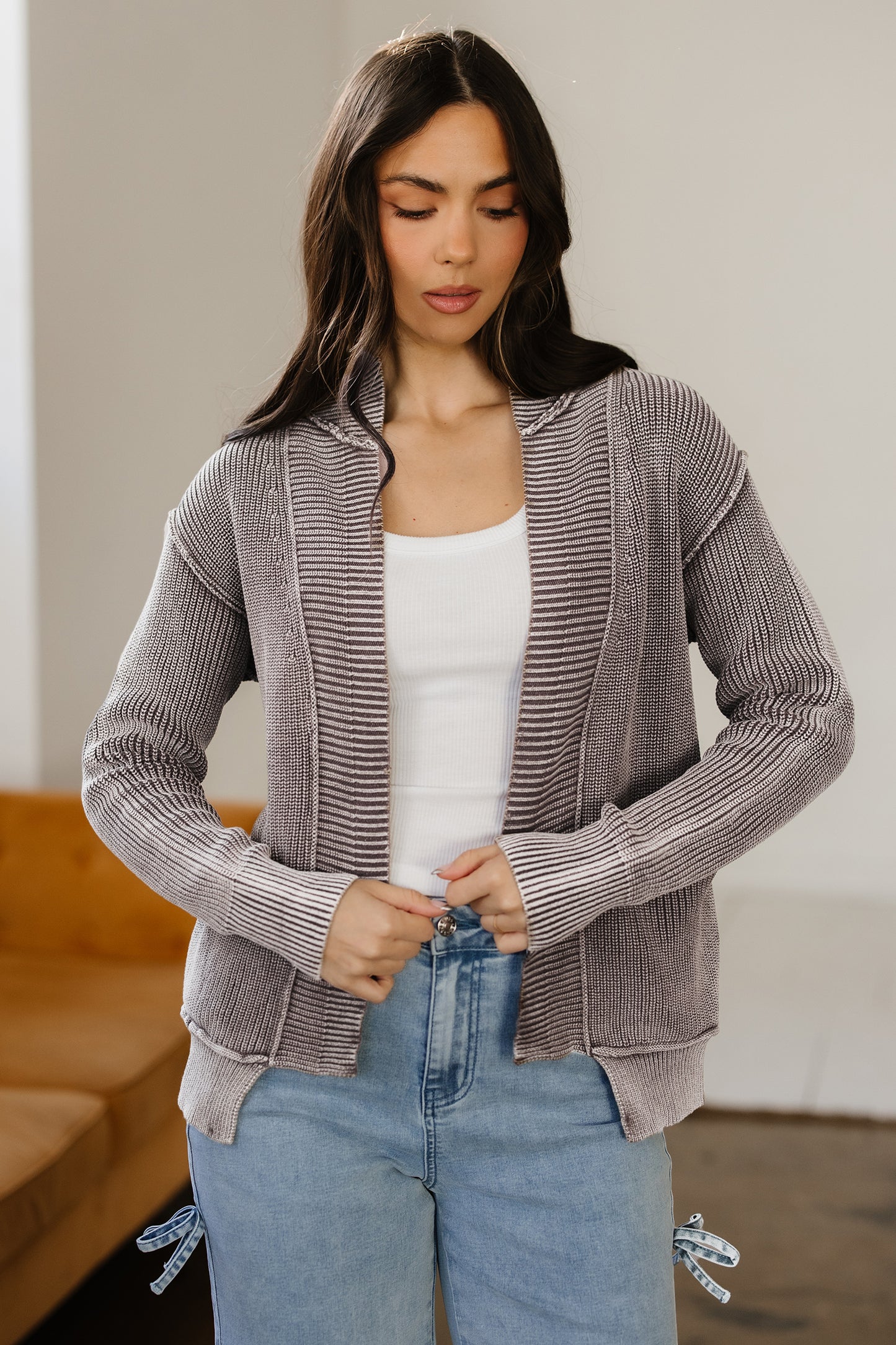 Dark Brown Mineral Wash Exposed Seam Patchwork Knit Open Sweater Cardigan - Snoopy's Closet