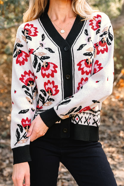 Cárdigan de punto con cuello de pico, botones delanteros y estampado floral beige