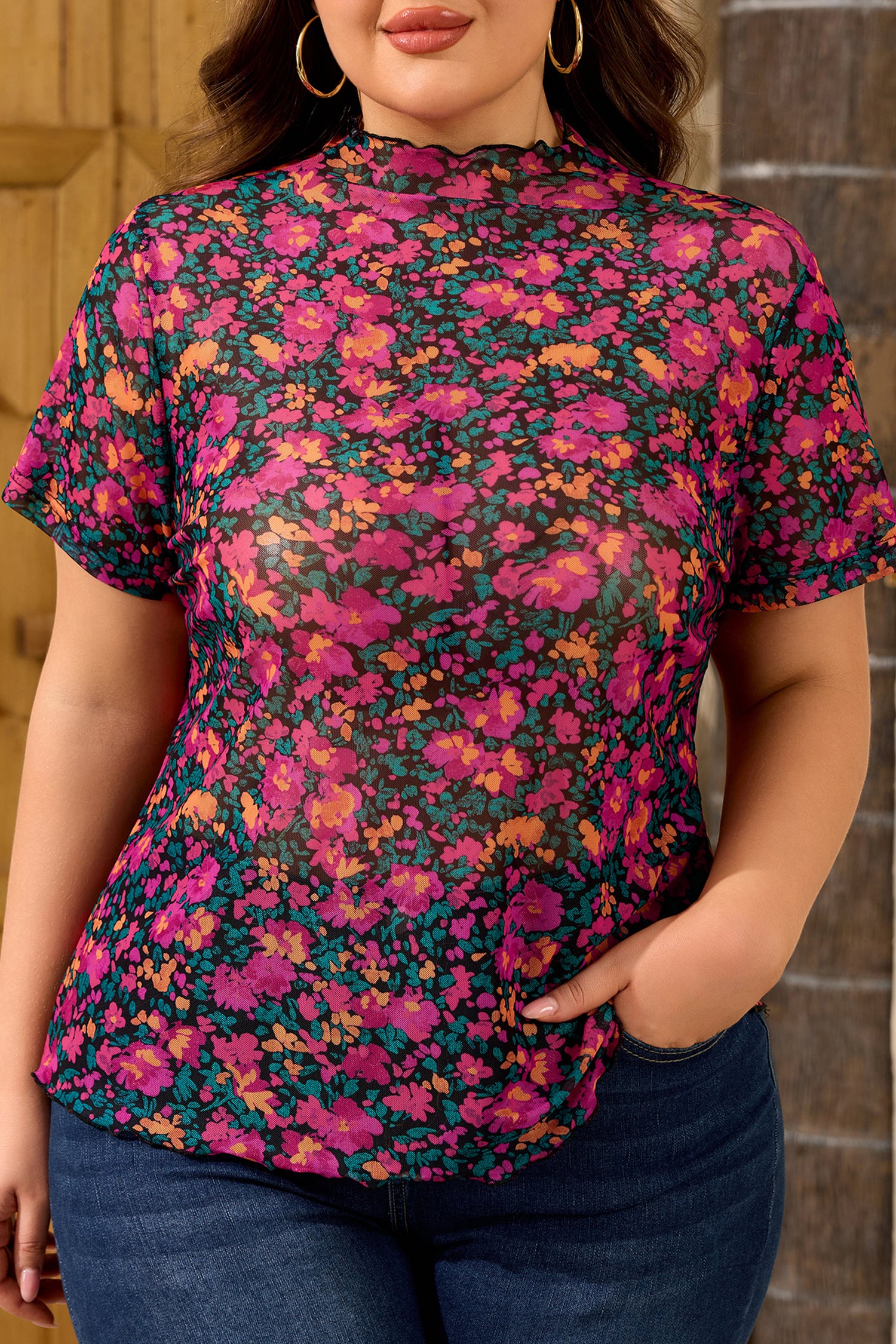 Rose Plus Size Floral Mesh Short Sleeve Top - Snoopy's Closet