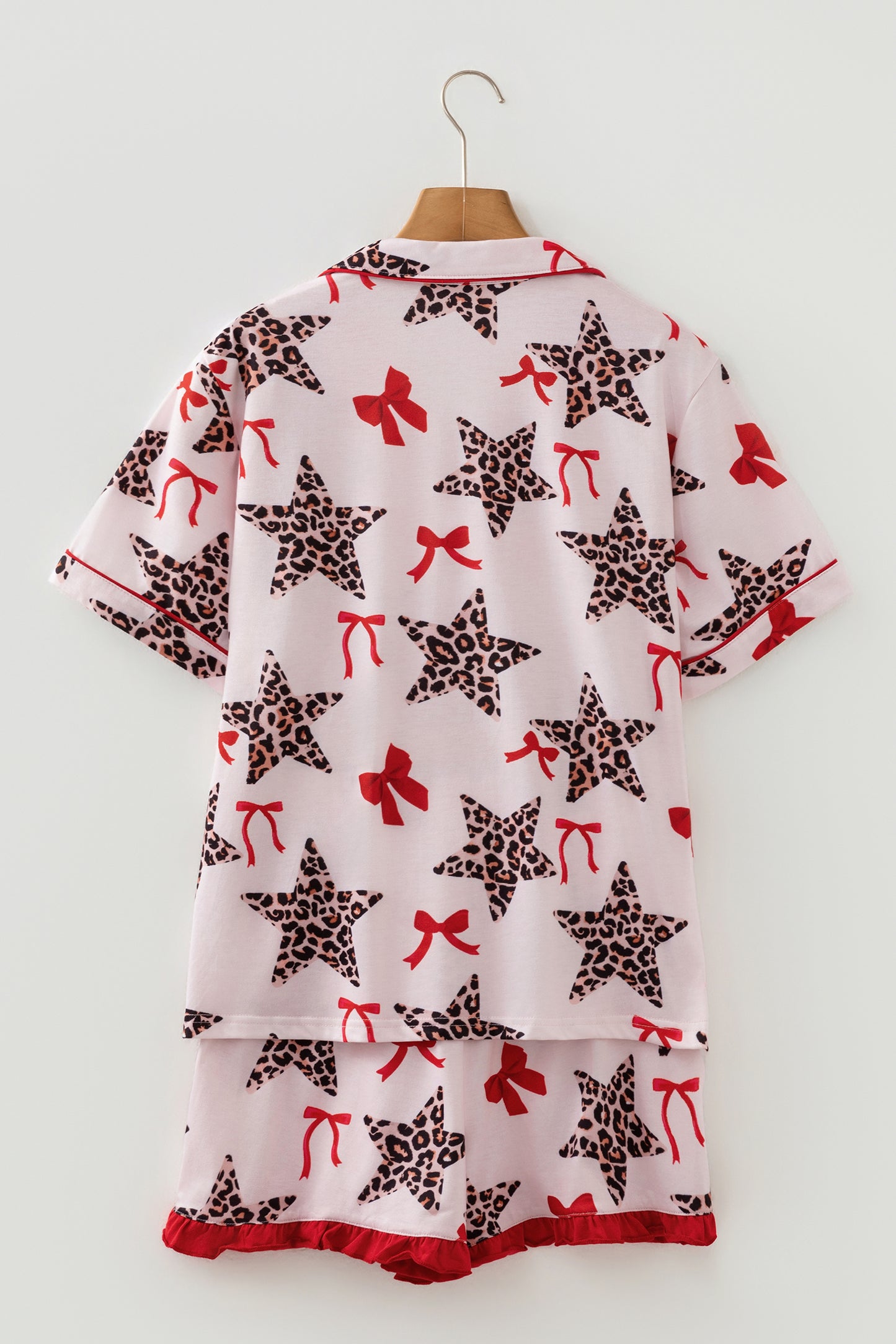 White Leopard Star Ribbon Bow Print Contrast Trim Short Pajama Set - Snoopy's Closet