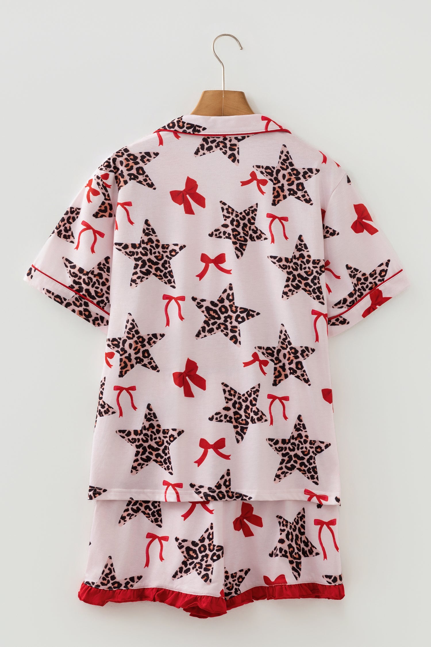 White Leopard Star Ribbon Bow Print Contrast Trim Short Pajama Set - Snoopy's Closet
