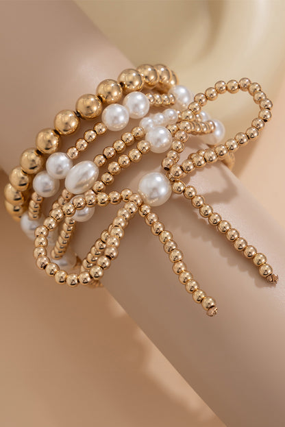 Gold Bow Knot Pearl Beaded Multi Layered Bracelet Set - Snoopy's Closet