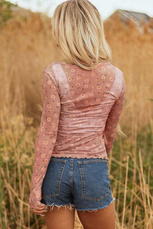 Pink Vintage Floral Print Southern Style Mesh Long Sleeve Top - Snoopy's Closet