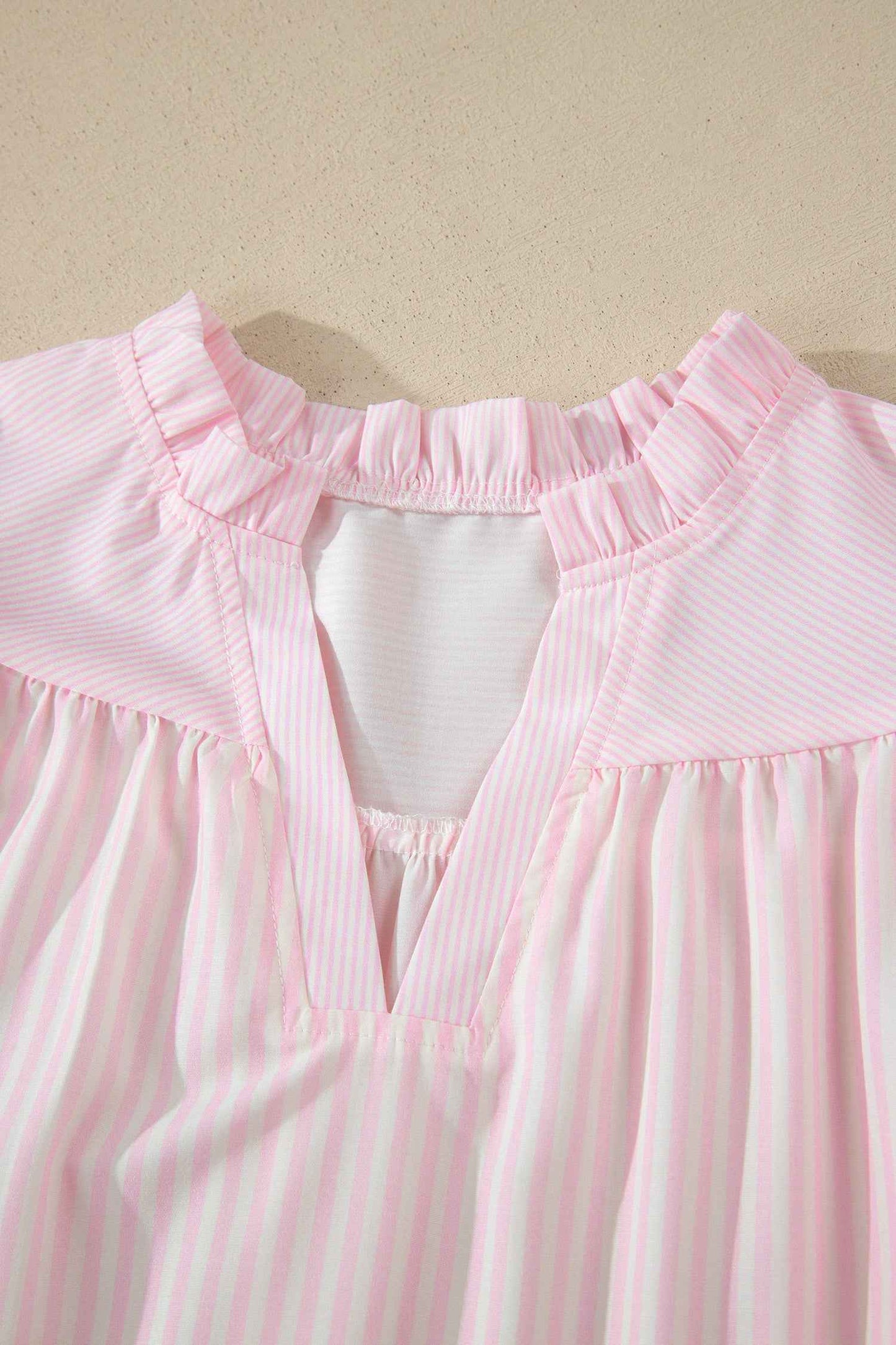Pink Stripe Contrast Trim V Neck Flutter Sleeve Blouse