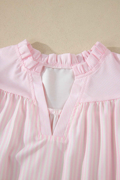 Pink Stripe Contrast Trim V Neck Flutter Sleeve Blouse