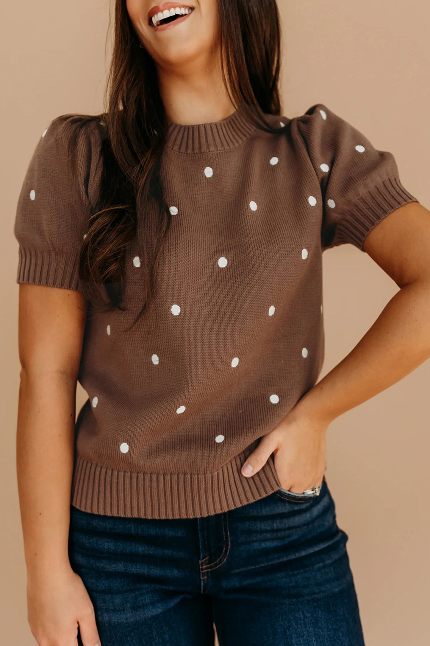 Chestnut Elegant Polka Dot Bubble Short Sleeve Sweater - Snoopy's Closet