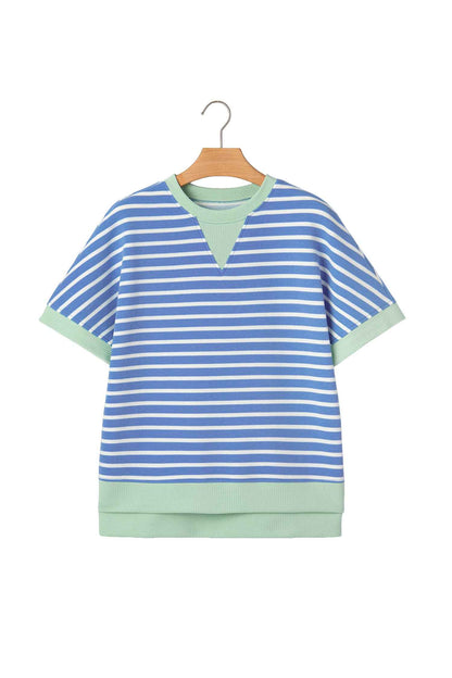 Pink Stripe Contrast Trim Loose Short Sleeve Top