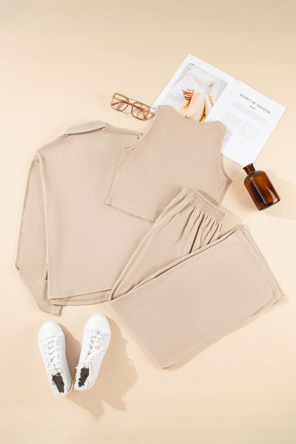 Conjunto de salón de punto suave de 3 piezas en color avena