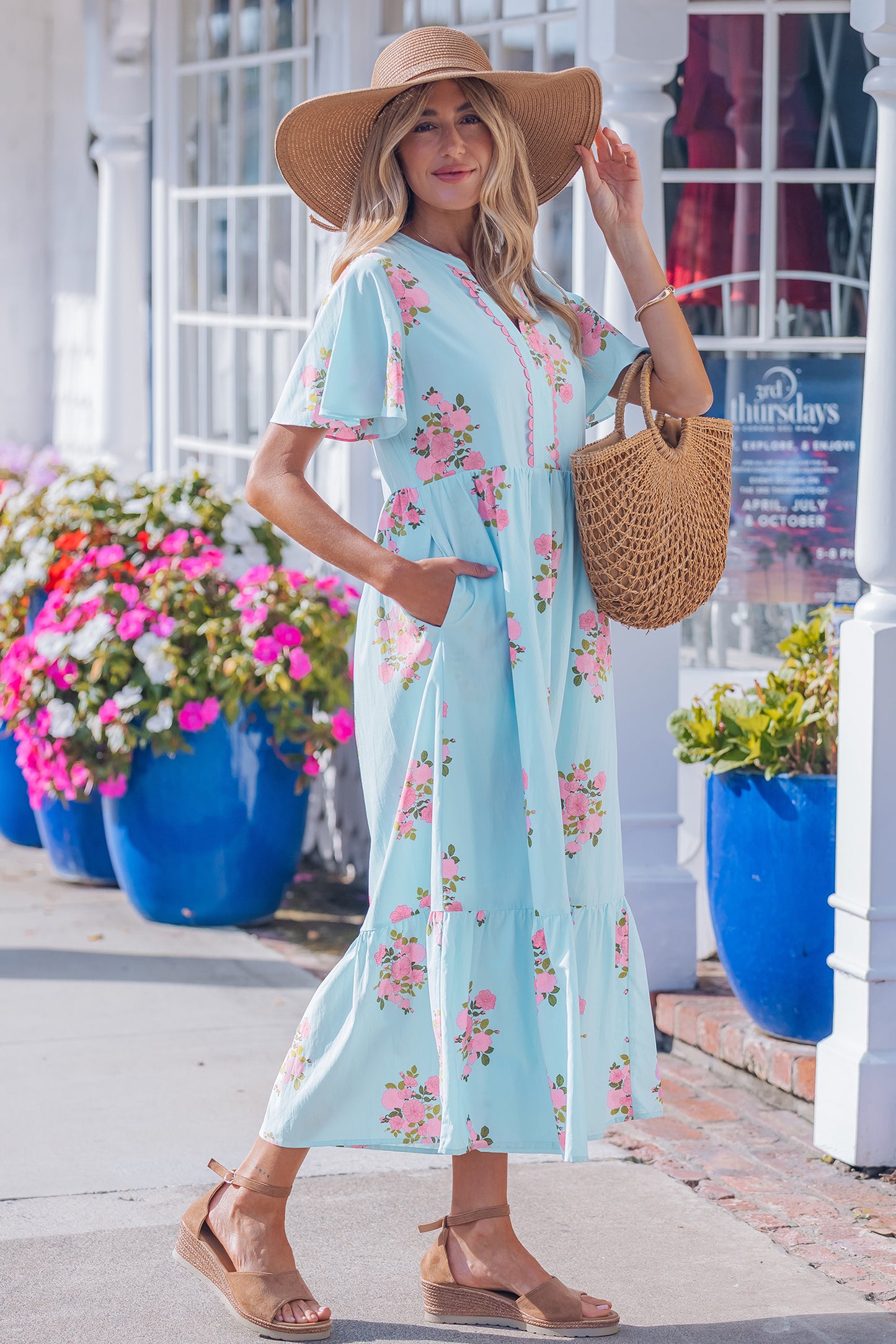 Pink Notched Neck Flutter Short Sleeve Floral Print Maxi Dress - Snoopy's Closet