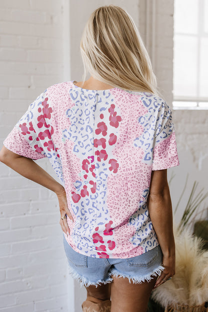 Pink Mixed Leopard Print V Neck Short Sleeve Blouse - Snoopy's Closet