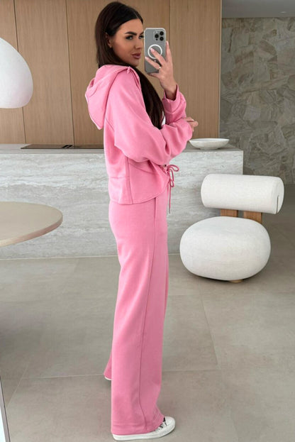 Pink Solid Color Zip Up Hoodie Drawstring Loose Pants Set - Snoopy's Closet