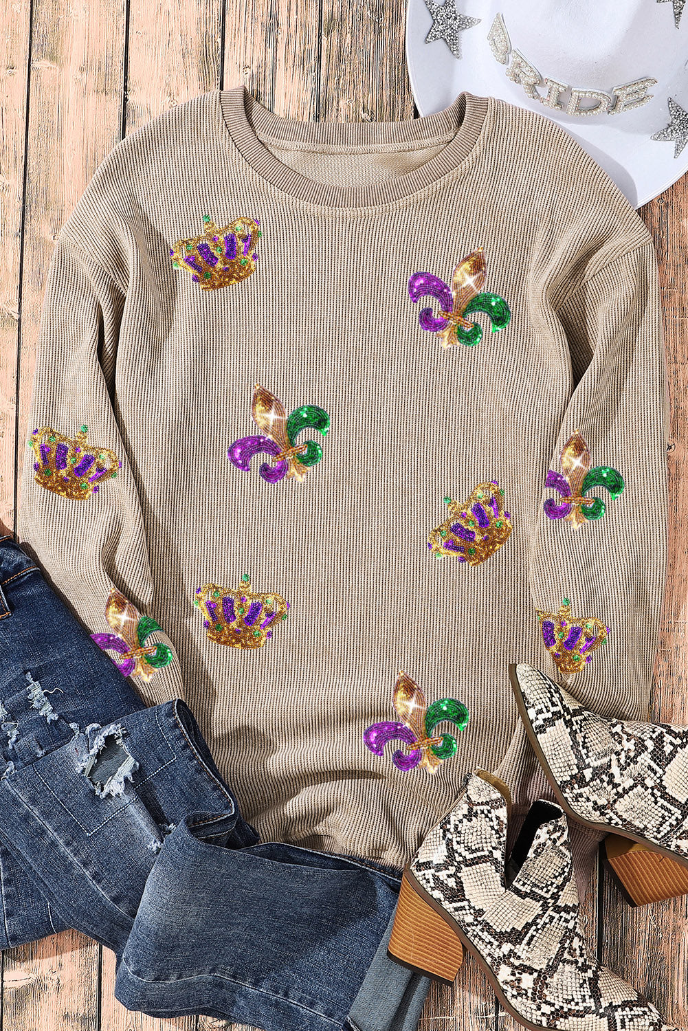 Sudadera con cordones con corona de lentejuelas Fleur De Lis color caqui de Mardi Gras