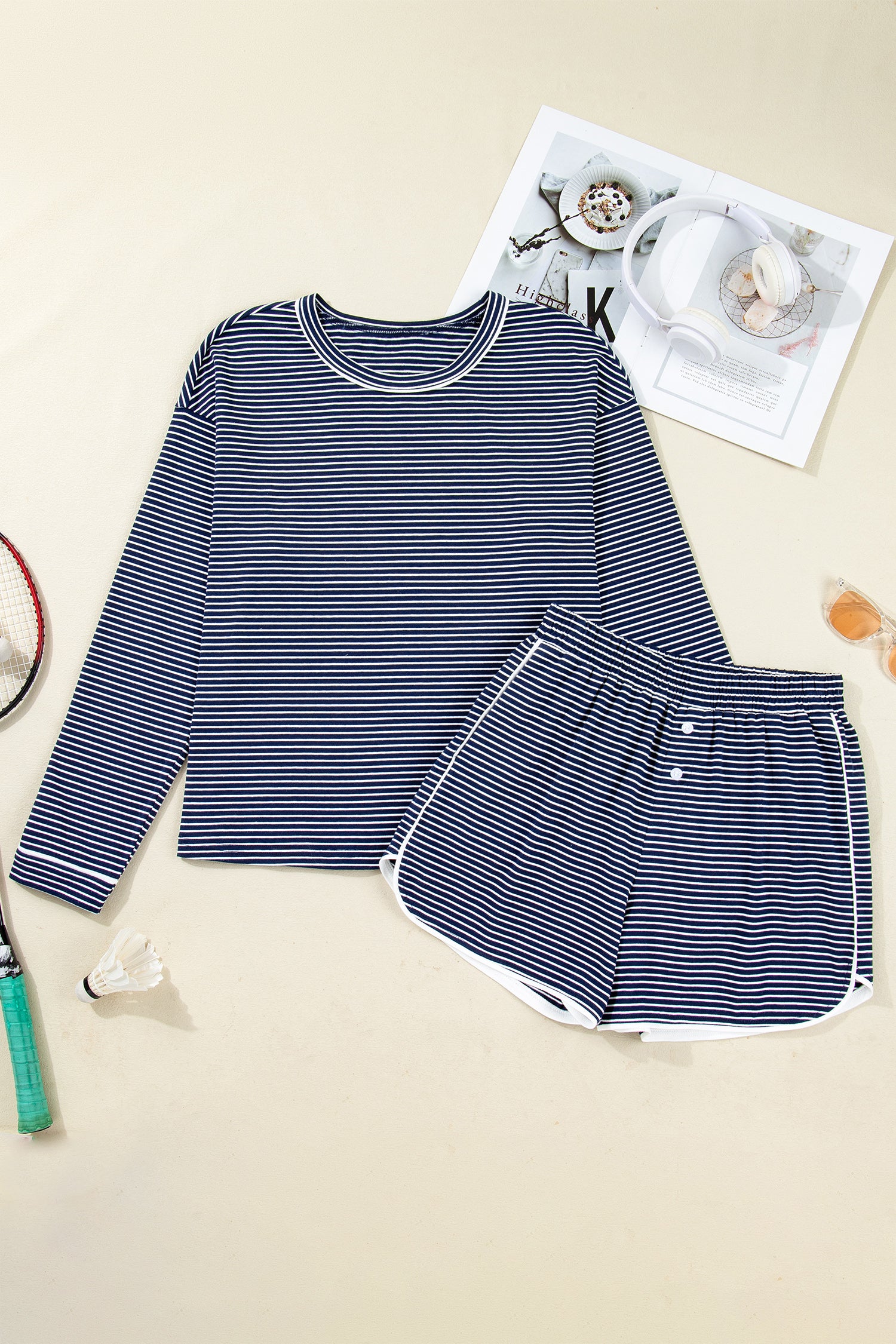 Blue Stripe Drop Shoulder Round Neck Long Sleeve Tee and Buttoned Shorts 2pcs Lounge Set - Snoopy's Closet